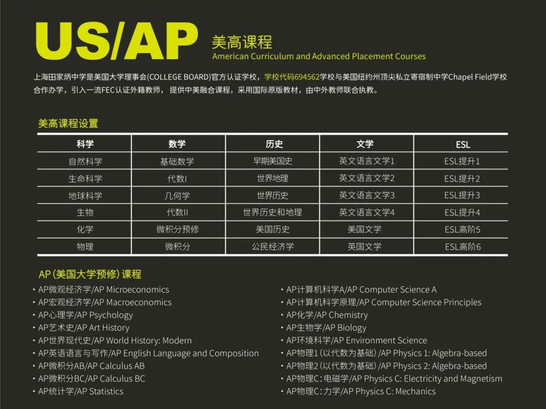 上海田家炳中學國際部：與美國私立名校合作，開設AP/A-Level課程